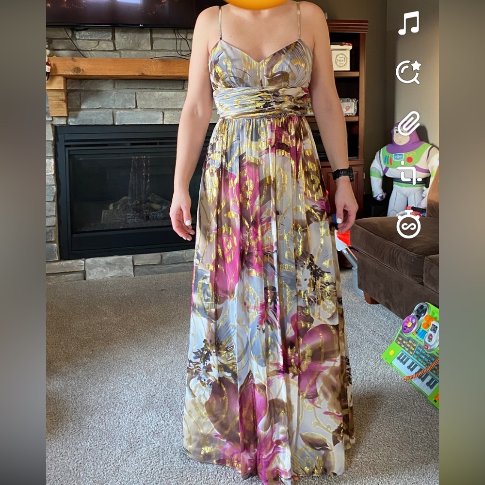Oleg Cassini watercolor floral and gold maxi dress, size 4